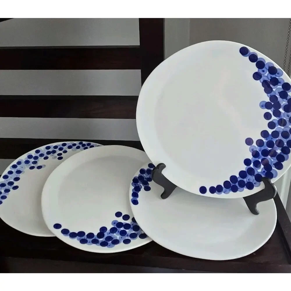 (4) Crate & Barrel “RIKA” Blueberry Dots Pottery Dinner Plates 11 Inch